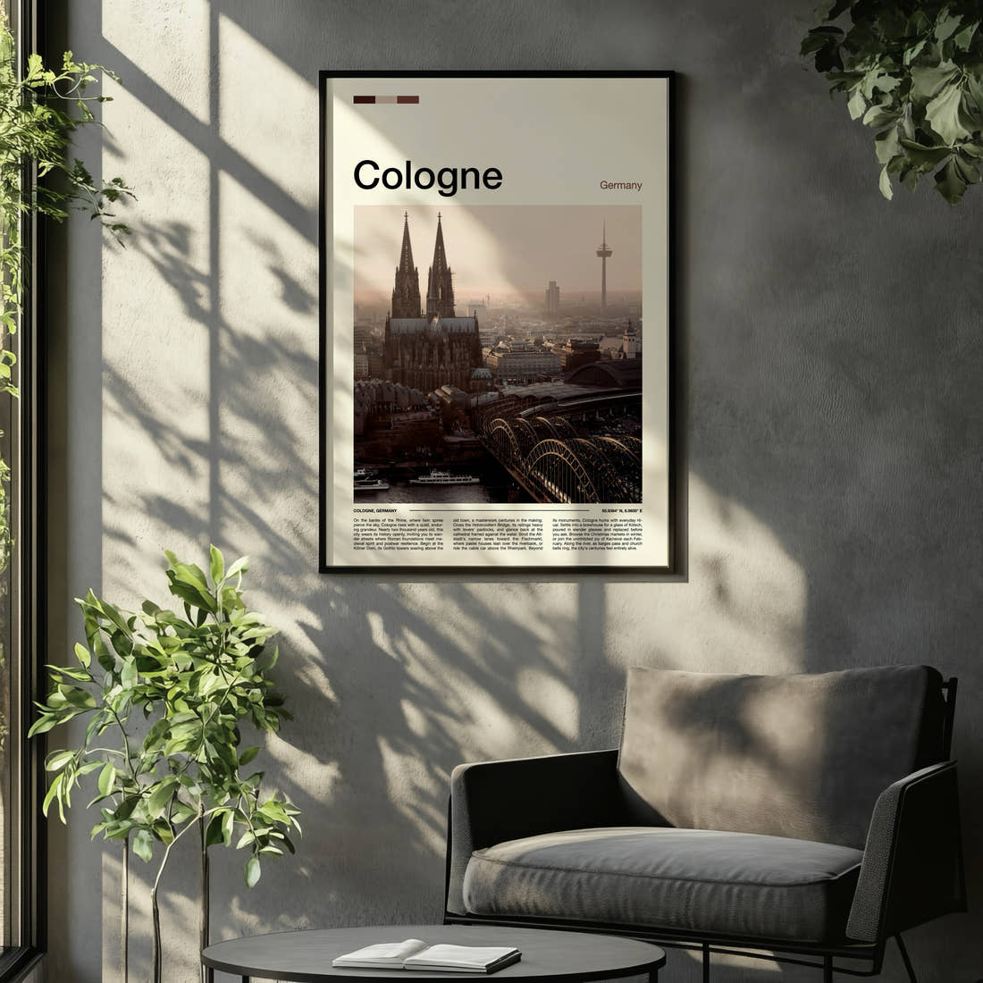 Cologne Cathedral Skyline View Travel Print framed on the wall of a relaxed living room