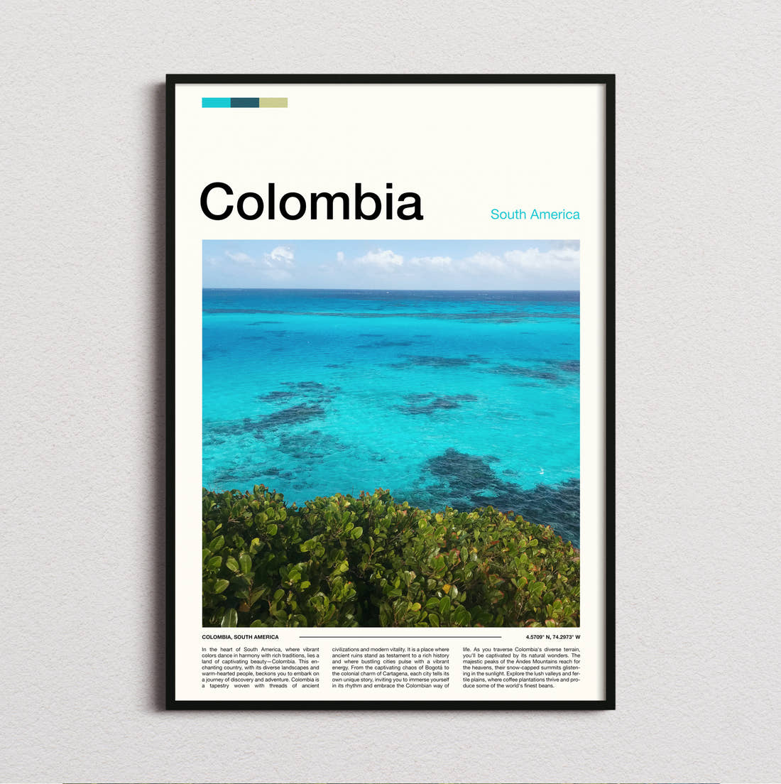 Colombia Turquoise Sea Travel Print framed and photographed straight on