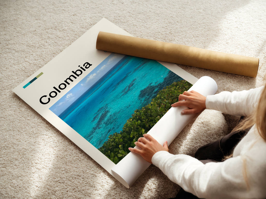 Colombia Turquoise Sea Travel Print being unrolled from its postal tube