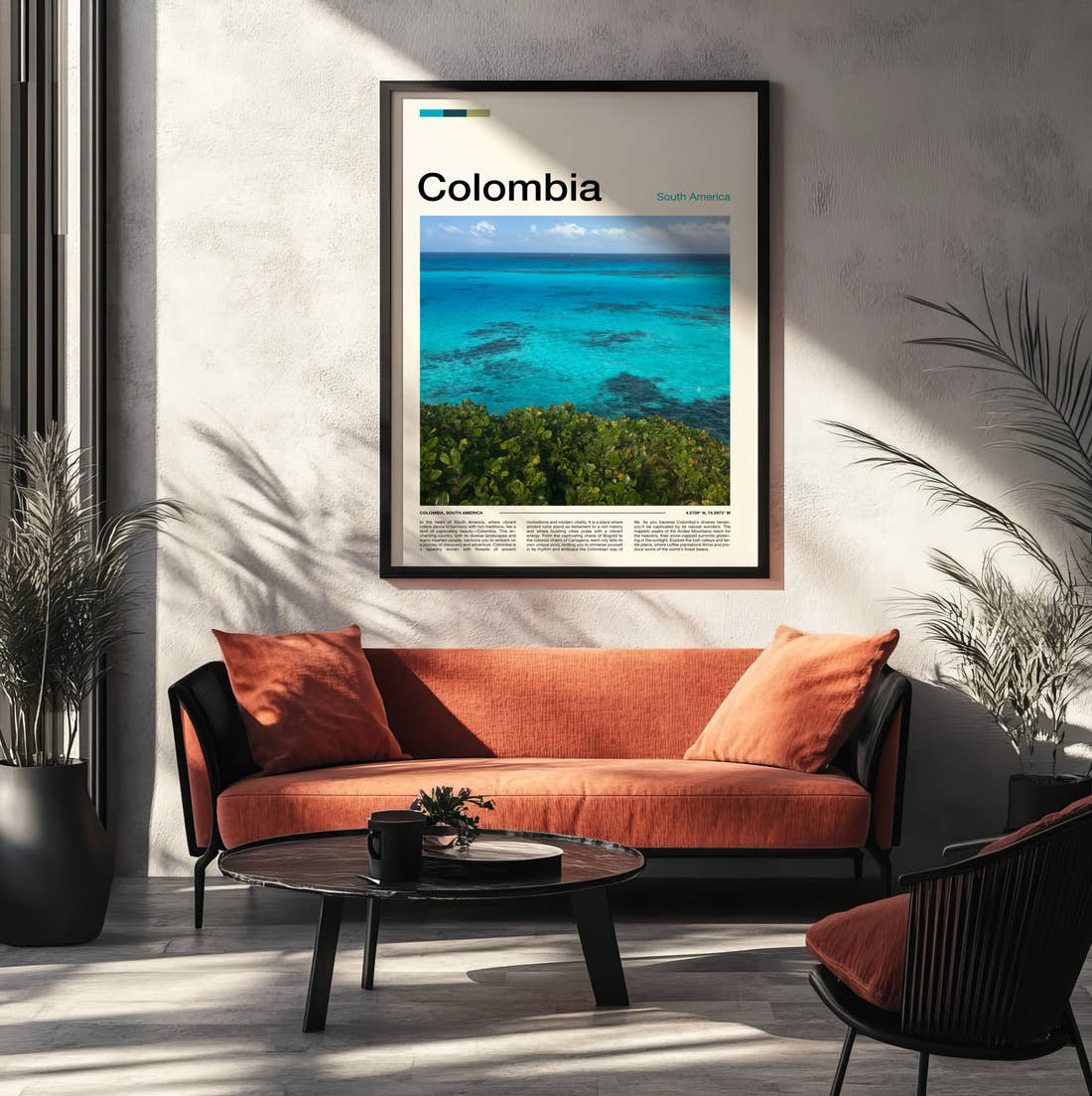 Colombia Turquoise Sea Travel Print framed on the wall of a modern living room