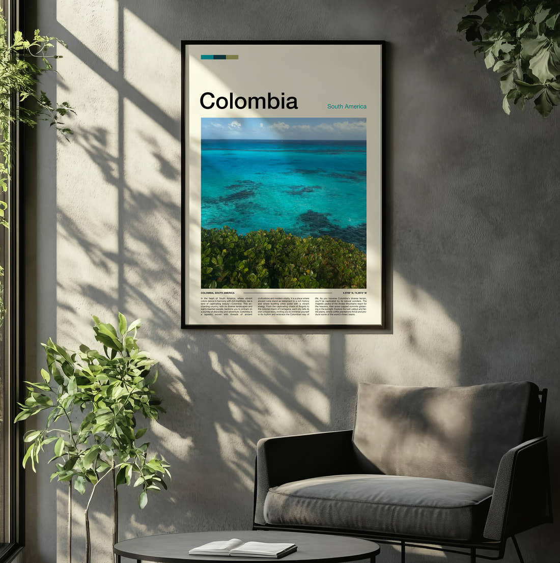 Colombia Turquoise Sea Travel Print framed on the wall of a relaxed living room