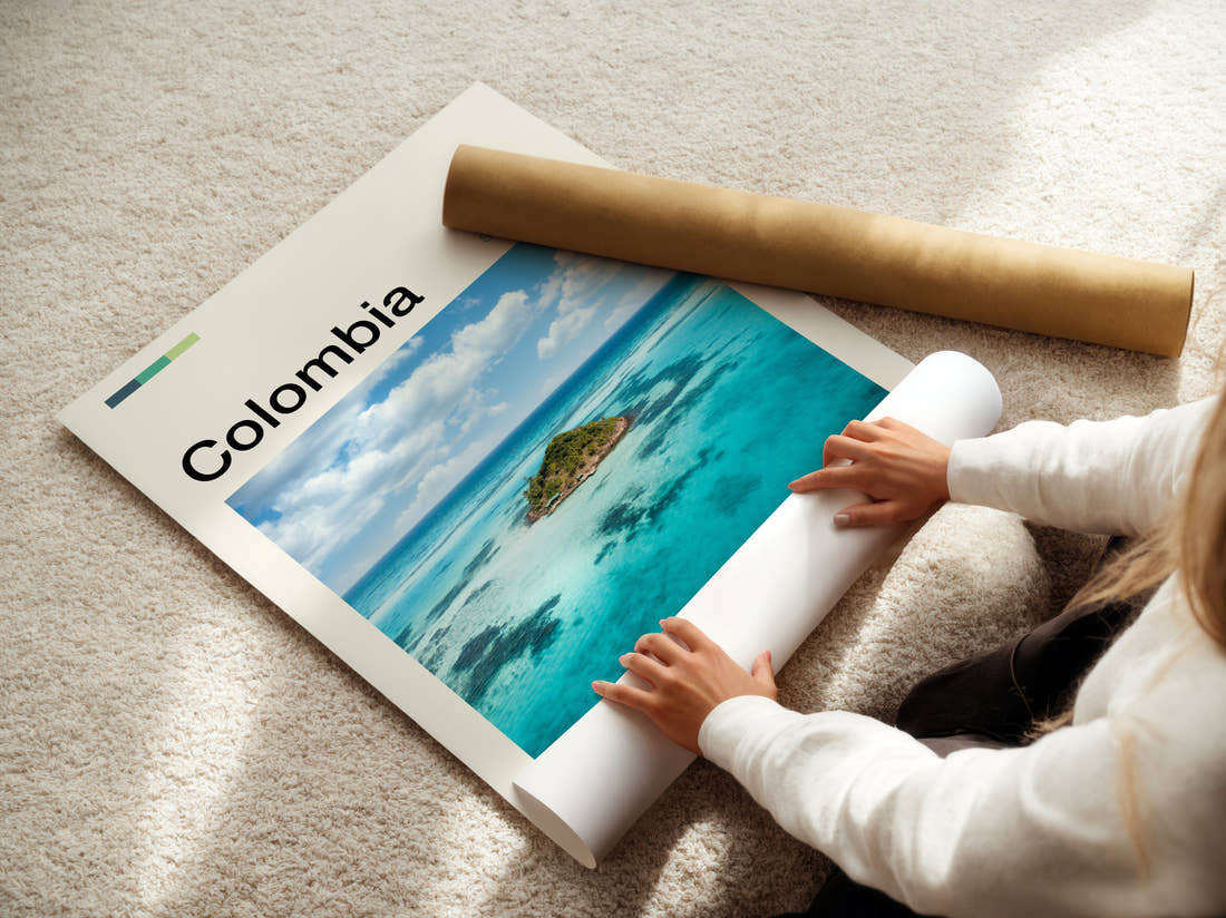 Colombia Tiny Island Travel Print being unrolled from its postal tube