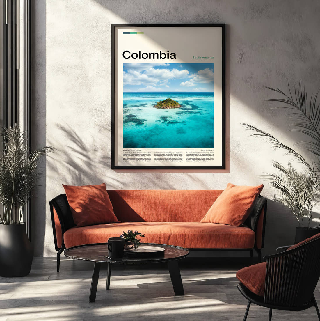 Colombia Tiny Island Travel Print framed on the wall of a modern living room