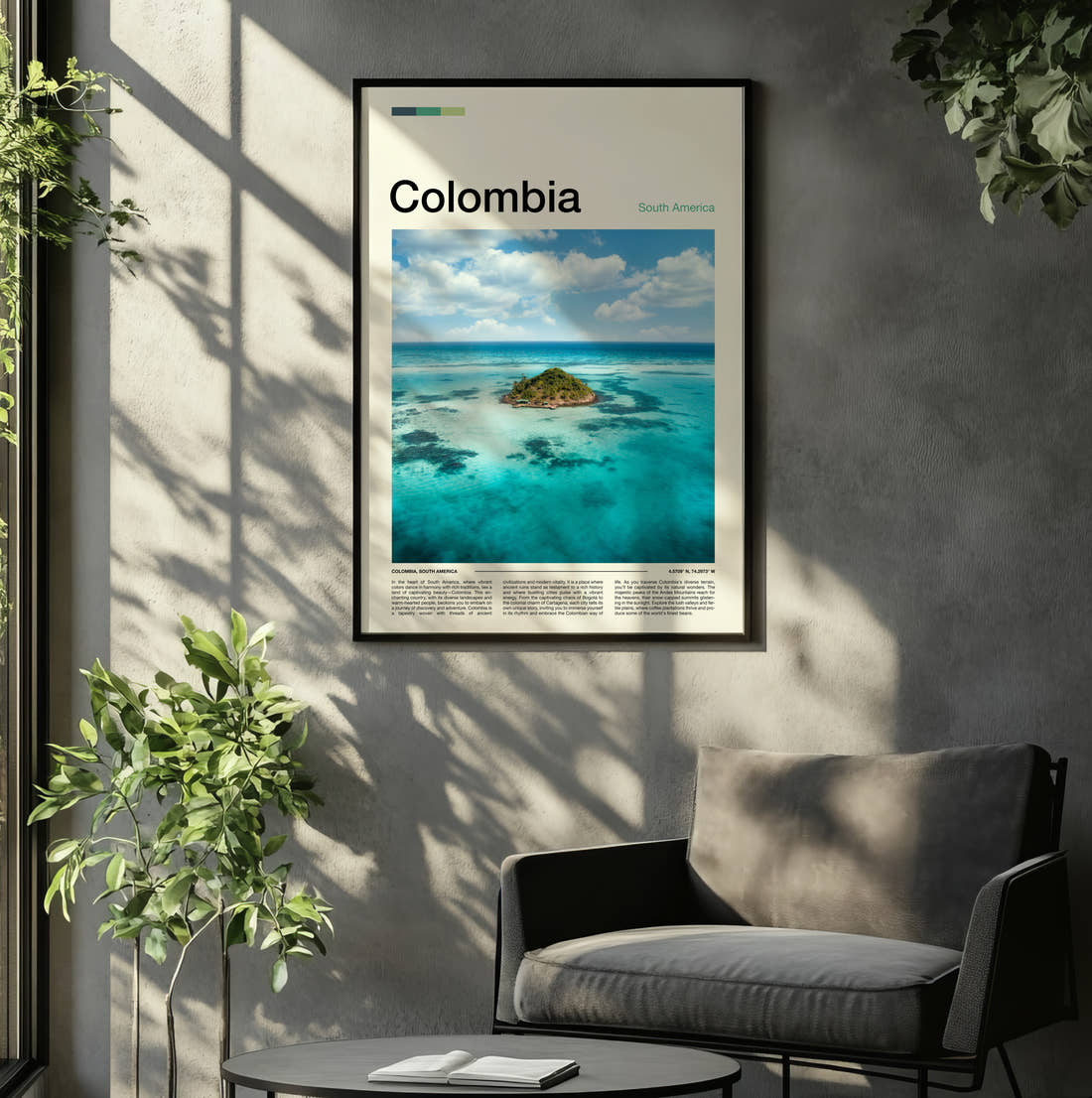 Colombia Tiny Island Travel Print framed on the wall of a relaxed living room