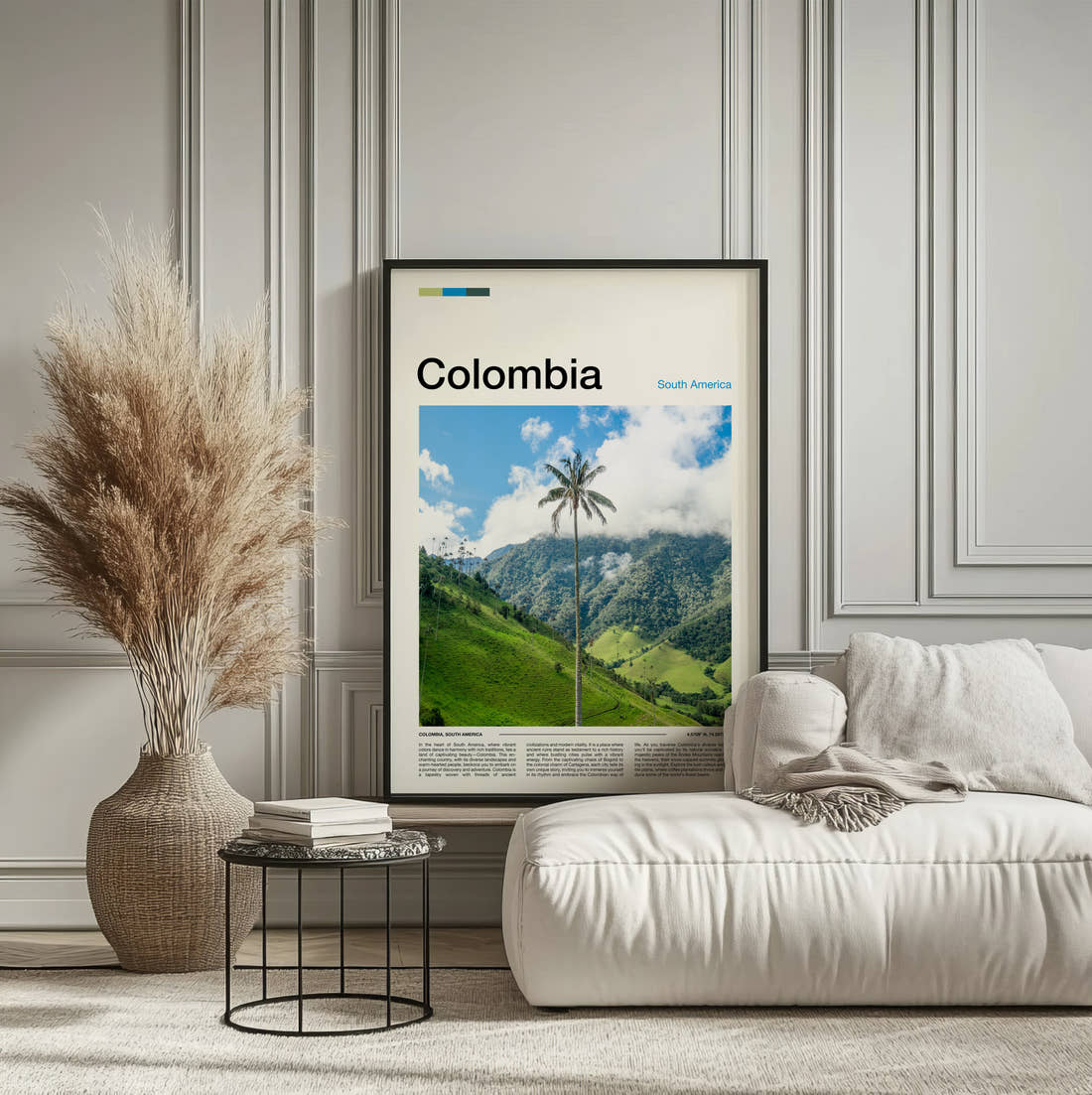 Colombia Wax Palm In The Valley Travel Print framed on the wall of a calm, neutral bedroom