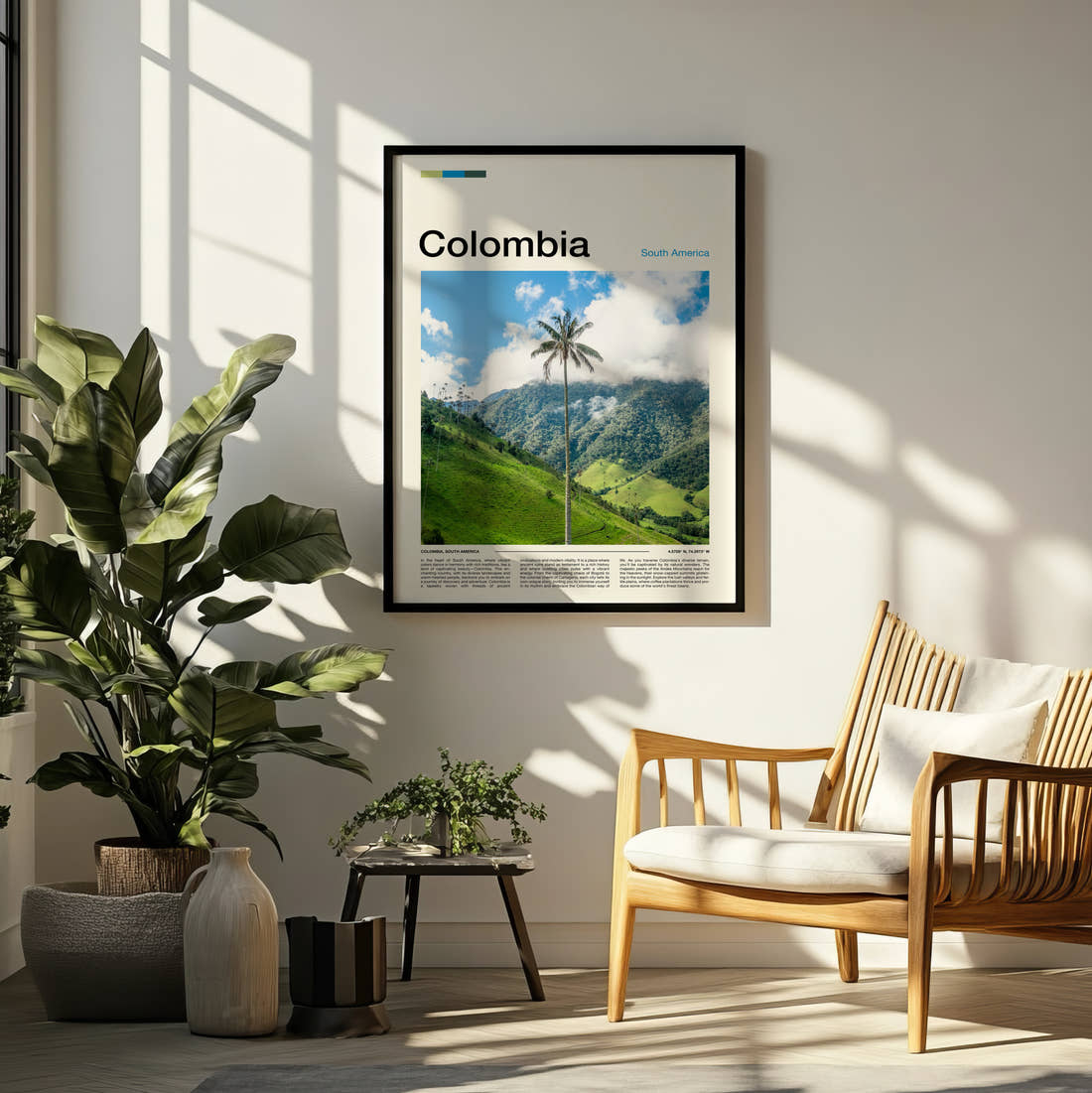 Colombia Wax Palm In The Valley Travel Print framed on a pale wall beside houseplants