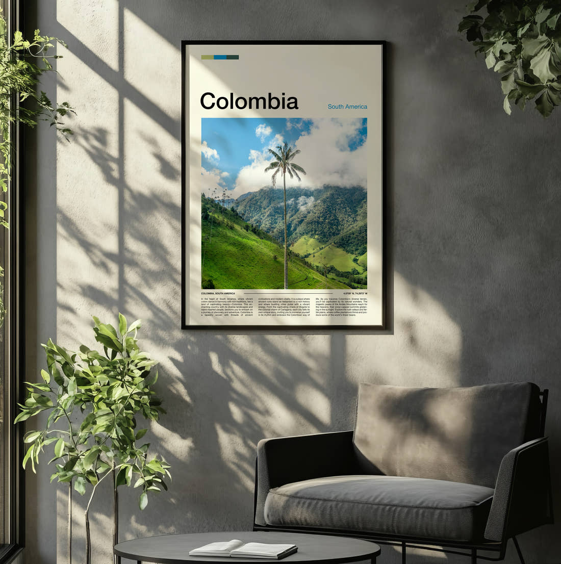 Colombia Wax Palm In The Valley Travel Print framed on the wall of a relaxed living room