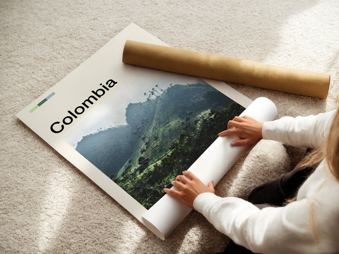 Colombia Wax Palms On The Hillside Travel Print being unrolled from its postal tube