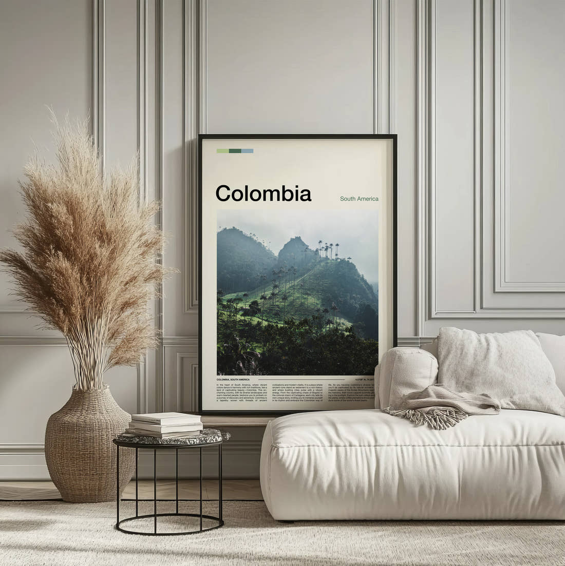 Colombia Wax Palms On The Hillside Travel Print framed on the wall of a calm, neutral bedroom