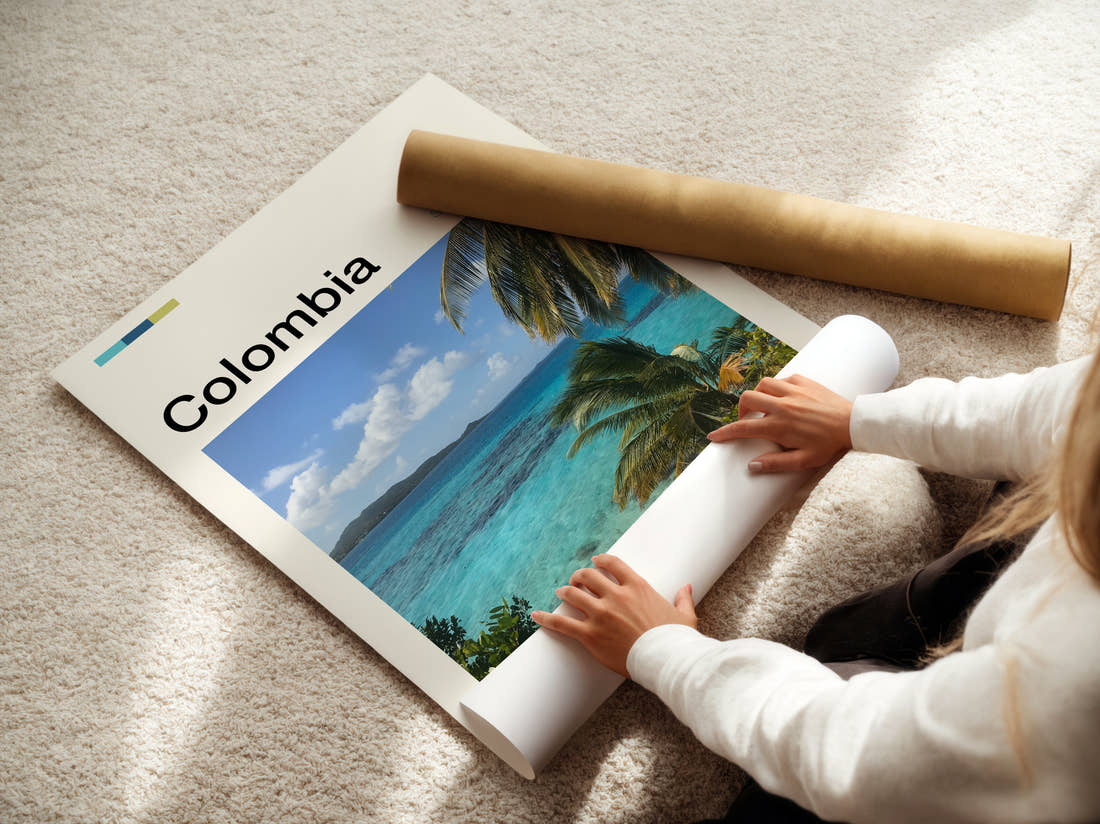 Colombia Palm Fronds Over The Sea Travel Print being unrolled from its postal tube