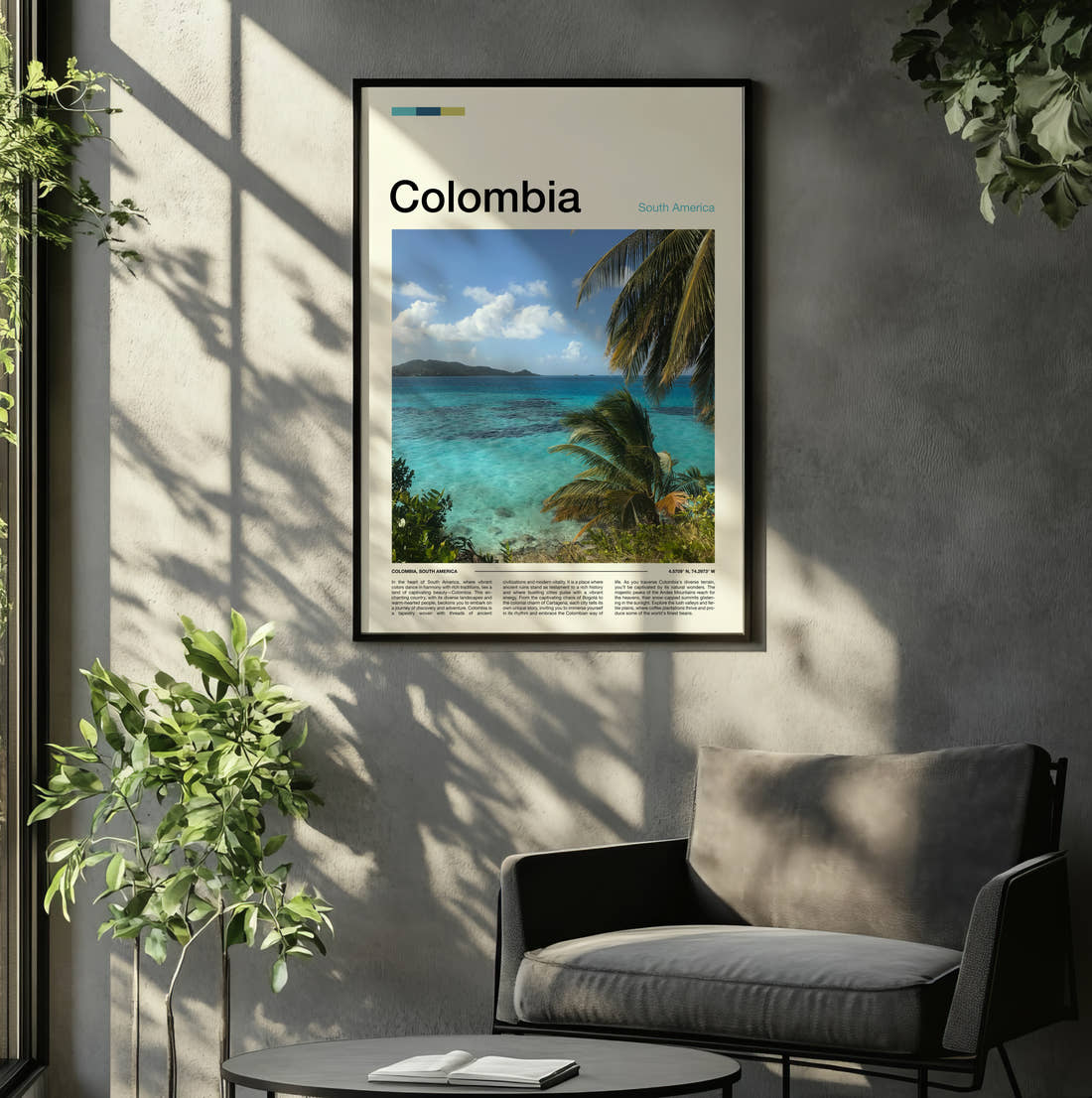 Colombia Palm Fronds Over The Sea Travel Print framed on the wall of a relaxed living room