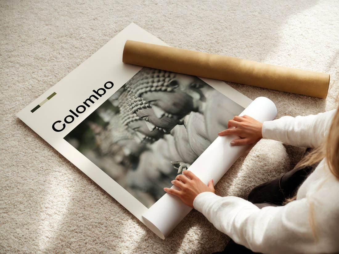 Colombo Rows Of Buddha Statues Travel Print being unrolled from its postal tube