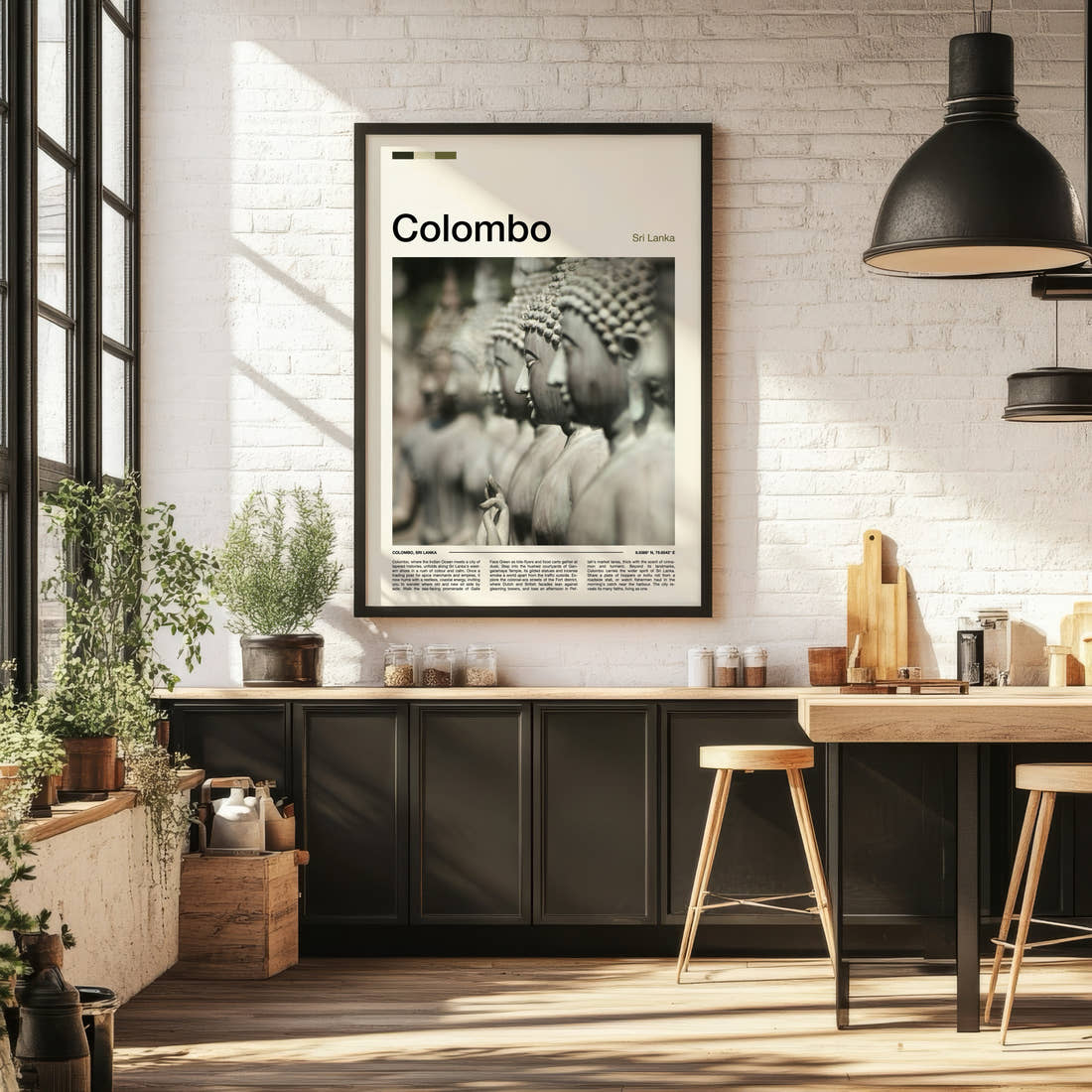 Colombo Rows Of Buddha Statues Travel Print framed on the wall of a bright kitchen and dining space