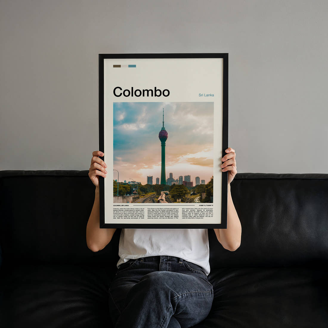Colombo Lotus Tower Skyline Travel Print held up by hand to show the size of the print