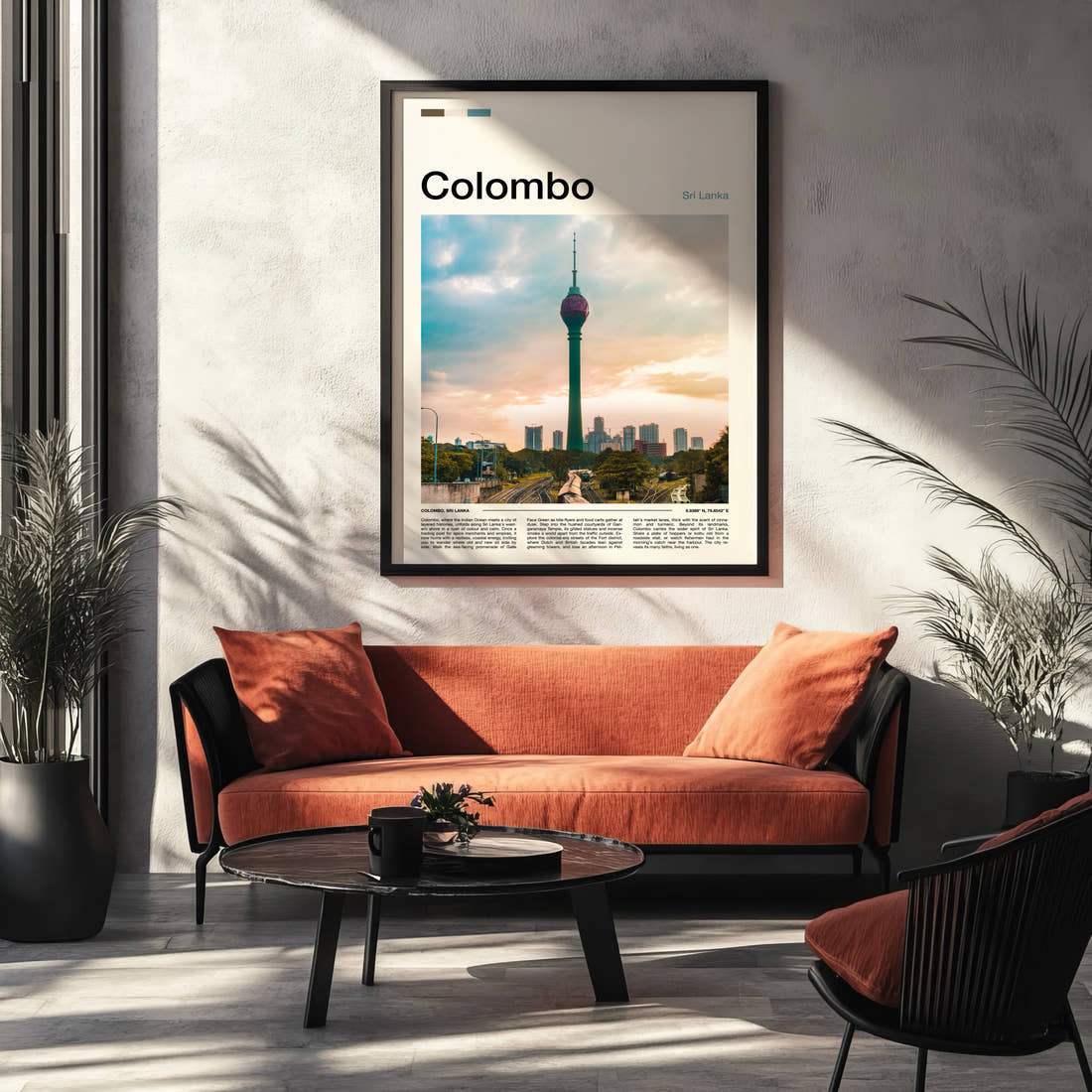 Colombo Lotus Tower Skyline Travel Print framed on the wall of a modern living room
