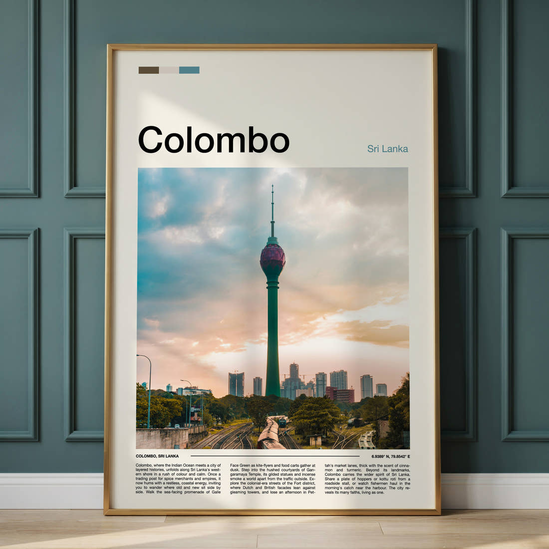 Colombo Lotus Tower Skyline Travel Print framed on the wall of a calm, neutral bedroom