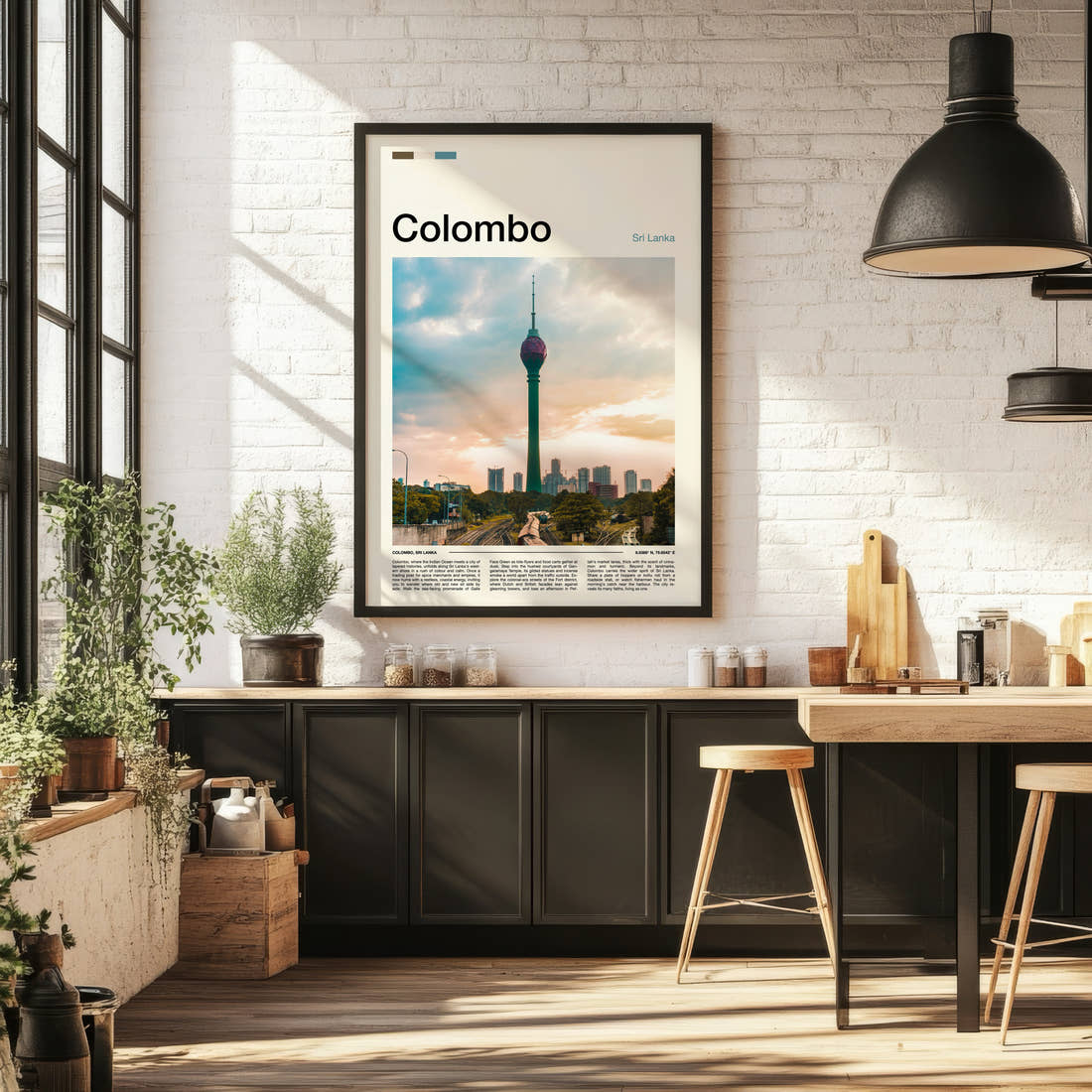 Colombo Lotus Tower Skyline Travel Print framed on the wall of a bright kitchen and dining space