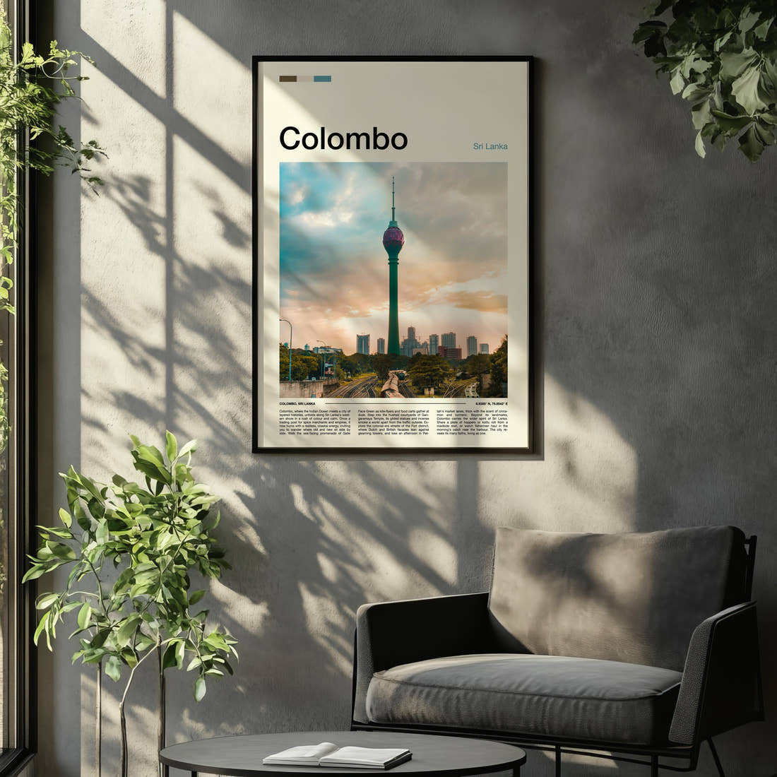 Colombo Lotus Tower Skyline Travel Print framed on the wall of a relaxed living room