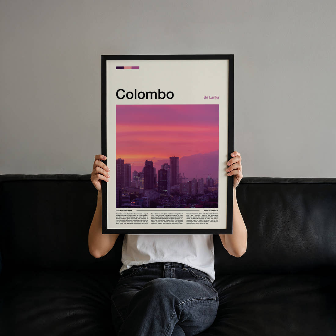 Colombo Dusk Skyline View Travel Print held up by hand to show the size of the print