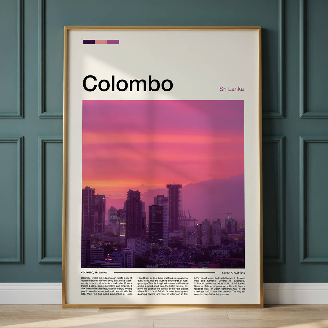 Colombo Dusk Skyline View Travel Print framed on the wall of a calm, neutral bedroom