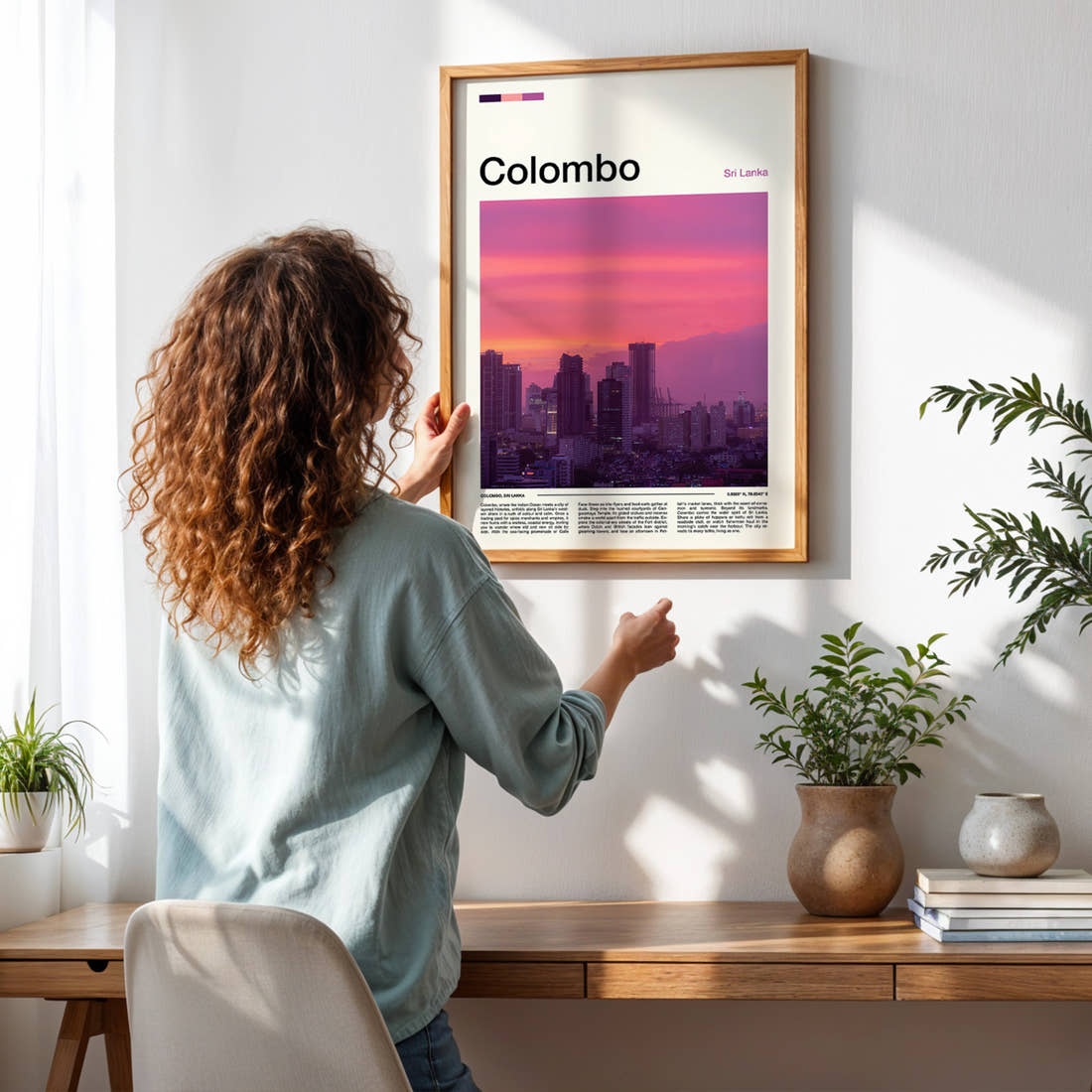 Colombo Dusk Skyline View Travel Print framed on a pale wall beside houseplants