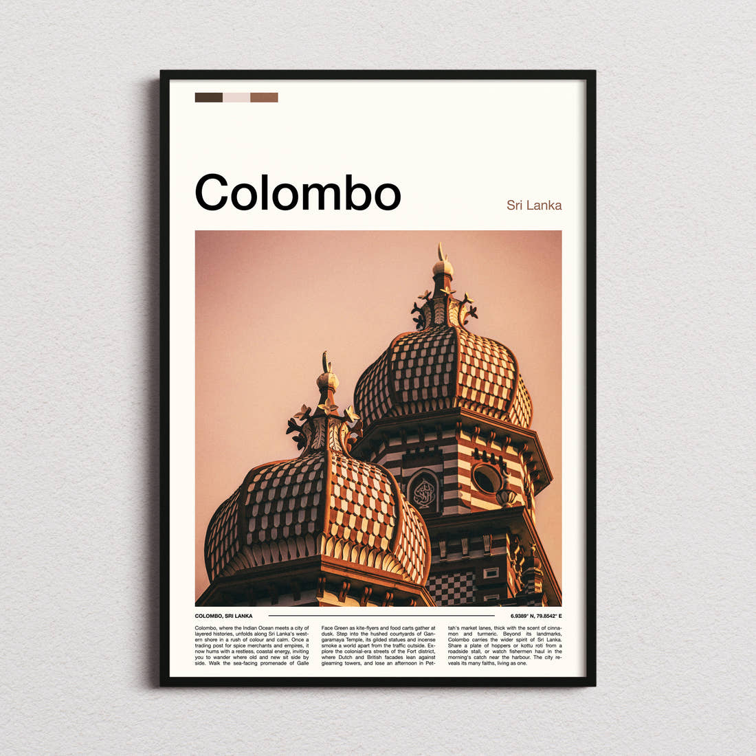 Colombo Ornate Temple Towers Travel Print framed and photographed straight on