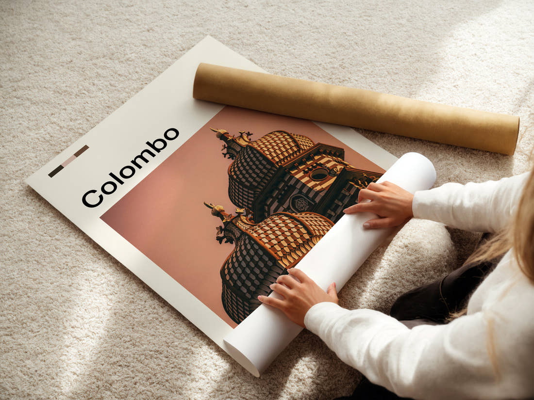 Colombo Ornate Temple Towers Travel Print being unrolled from its postal tube