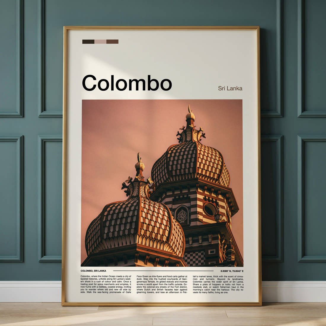 Colombo Ornate Temple Towers Travel Print framed on the wall of a calm, neutral bedroom