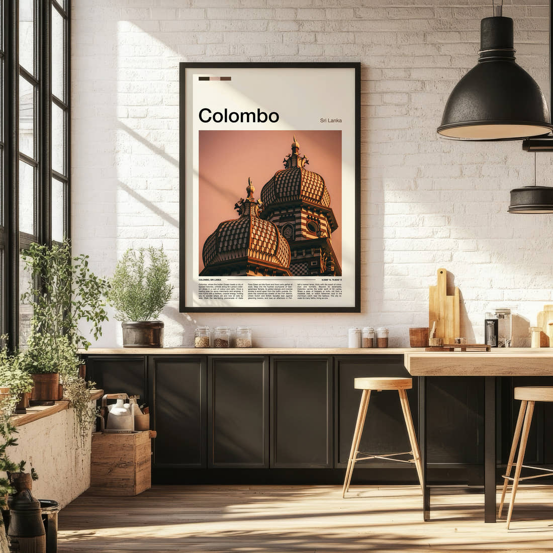 Colombo Ornate Temple Towers Travel Print framed on the wall of a bright kitchen and dining space