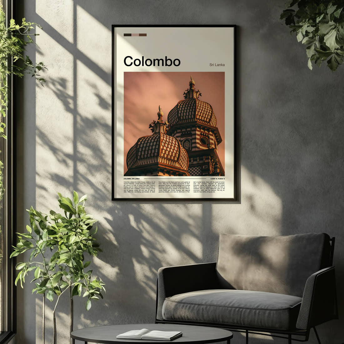Colombo Ornate Temple Towers Travel Print framed on the wall of a relaxed living room