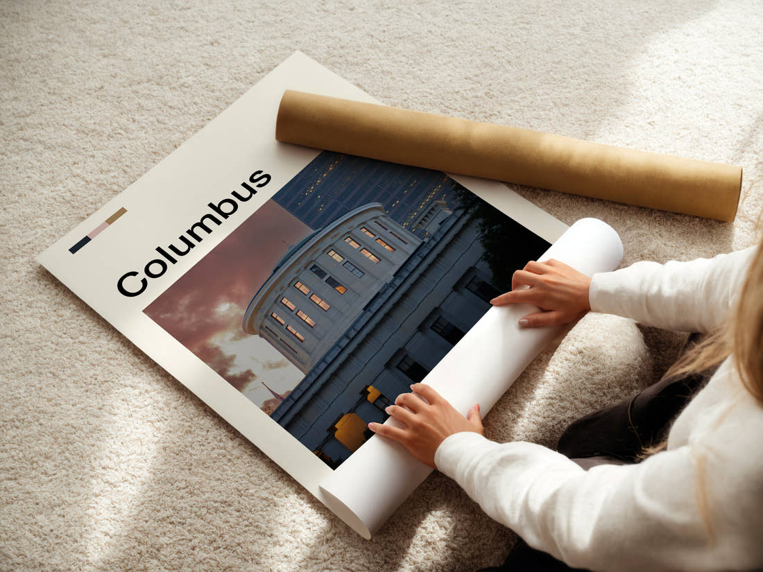 Columbus Statehouse Rotunda Dusk Travel Print being unrolled from its postal tube