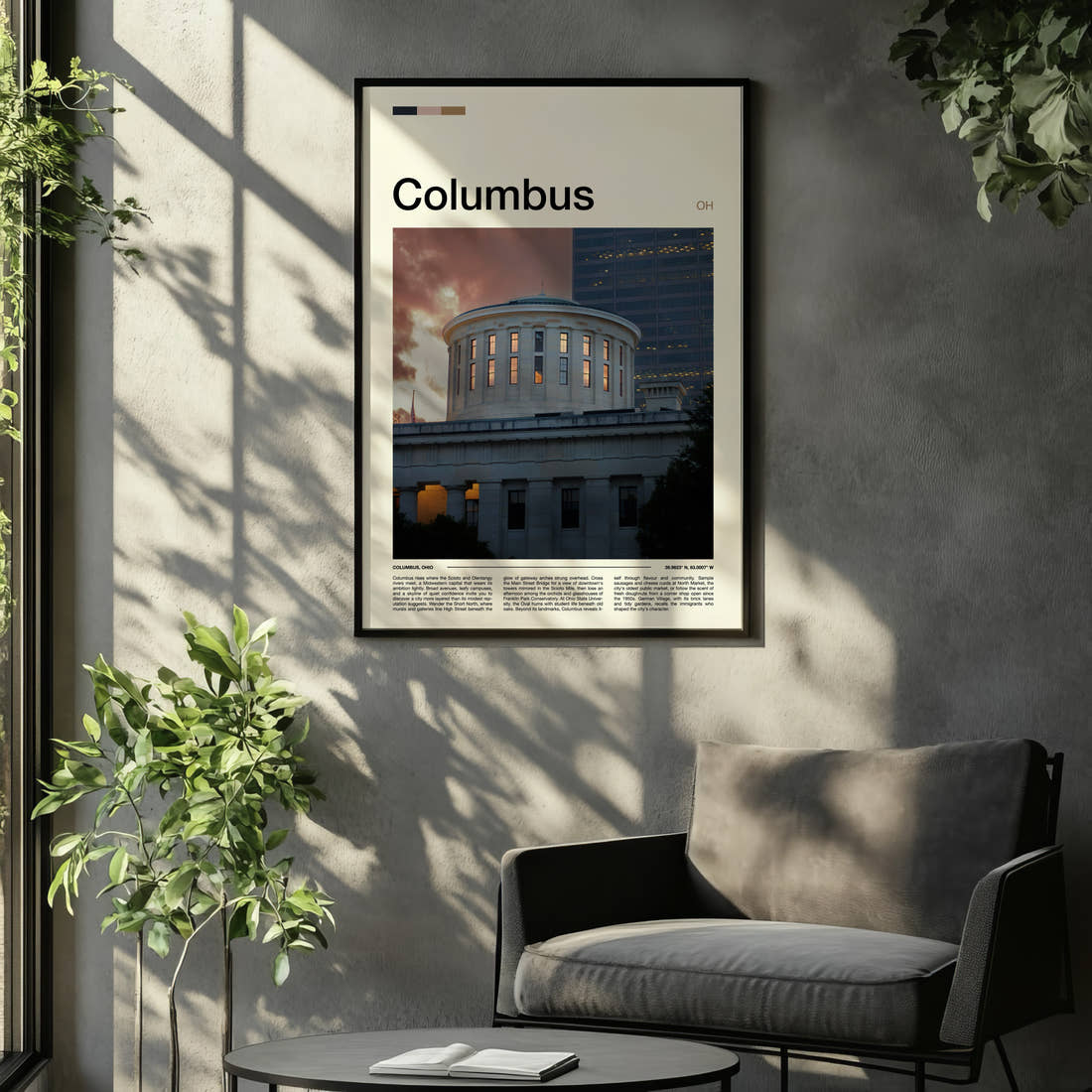 Columbus Statehouse Rotunda Dusk Travel Print framed on the wall of a relaxed living room