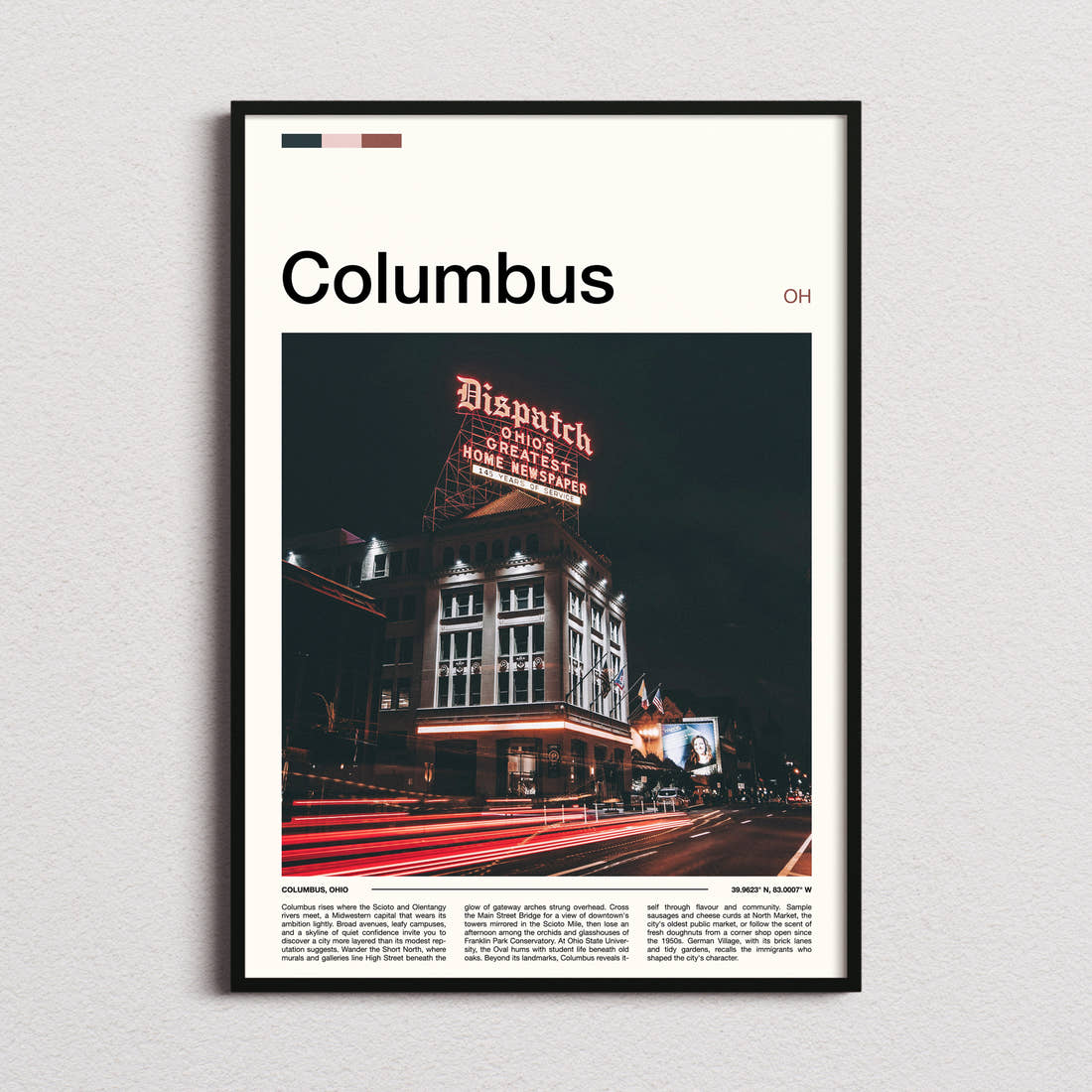 Columbus Illuminated Dispatch Building Travel Print framed and photographed straight on