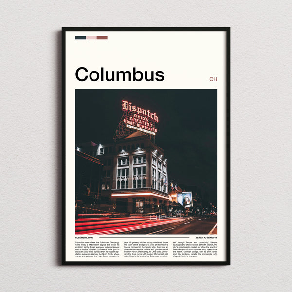 Columbus Illuminated Dispatch Building Travel Print framed and photographed straight on