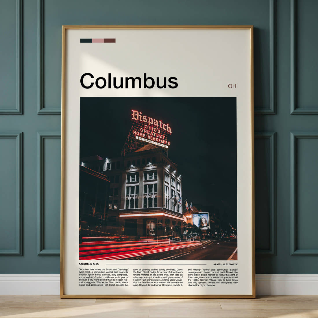 Columbus Illuminated Dispatch Building Travel Print framed on the wall of a calm, neutral bedroom