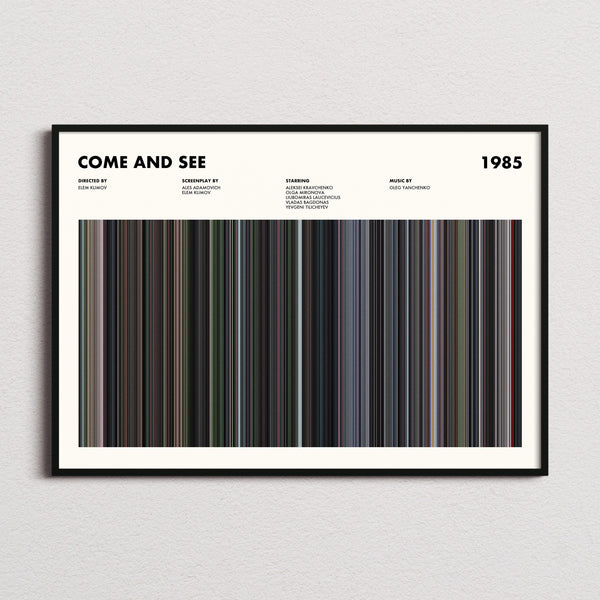 Come and See Movie Barcode Poster framed and photographed straight on