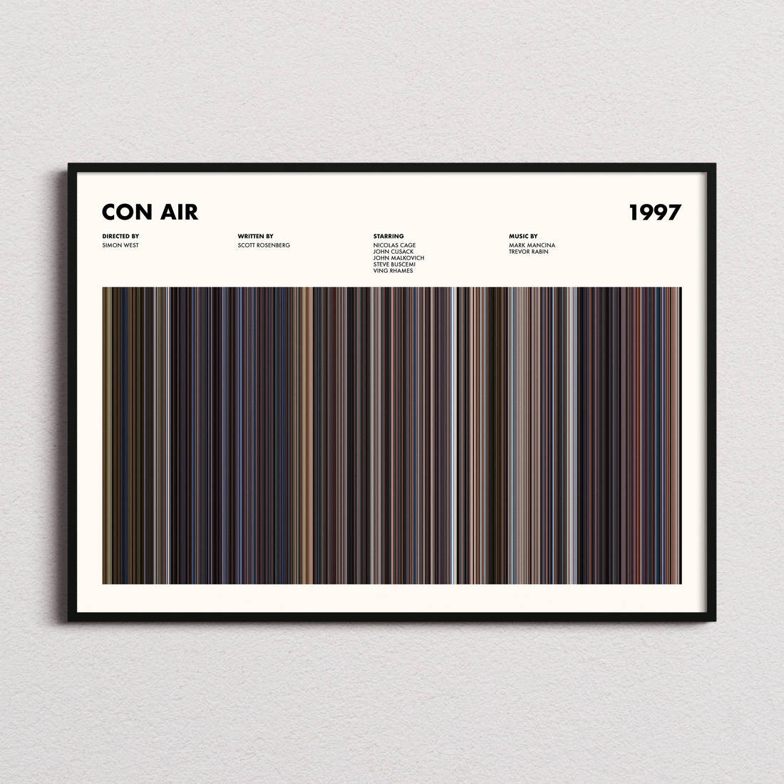 Con Air Movie Barcode Poster framed and photographed straight on