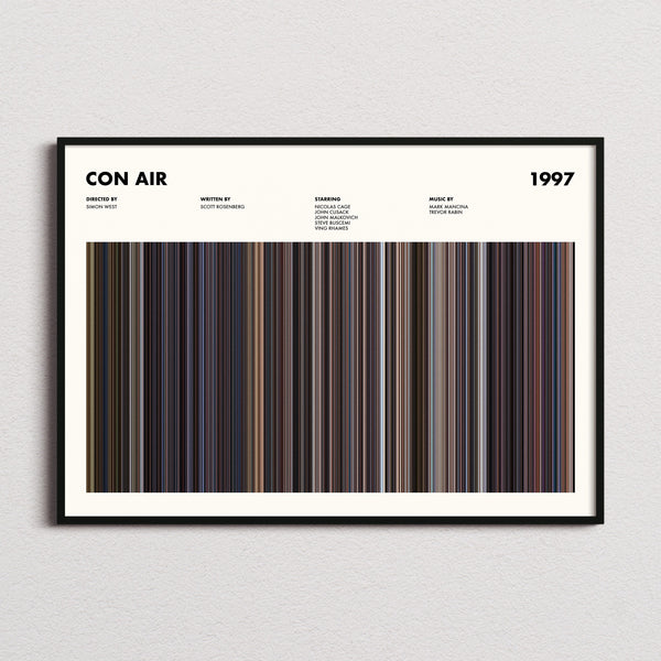 Con Air Movie Barcode Poster framed and photographed straight on