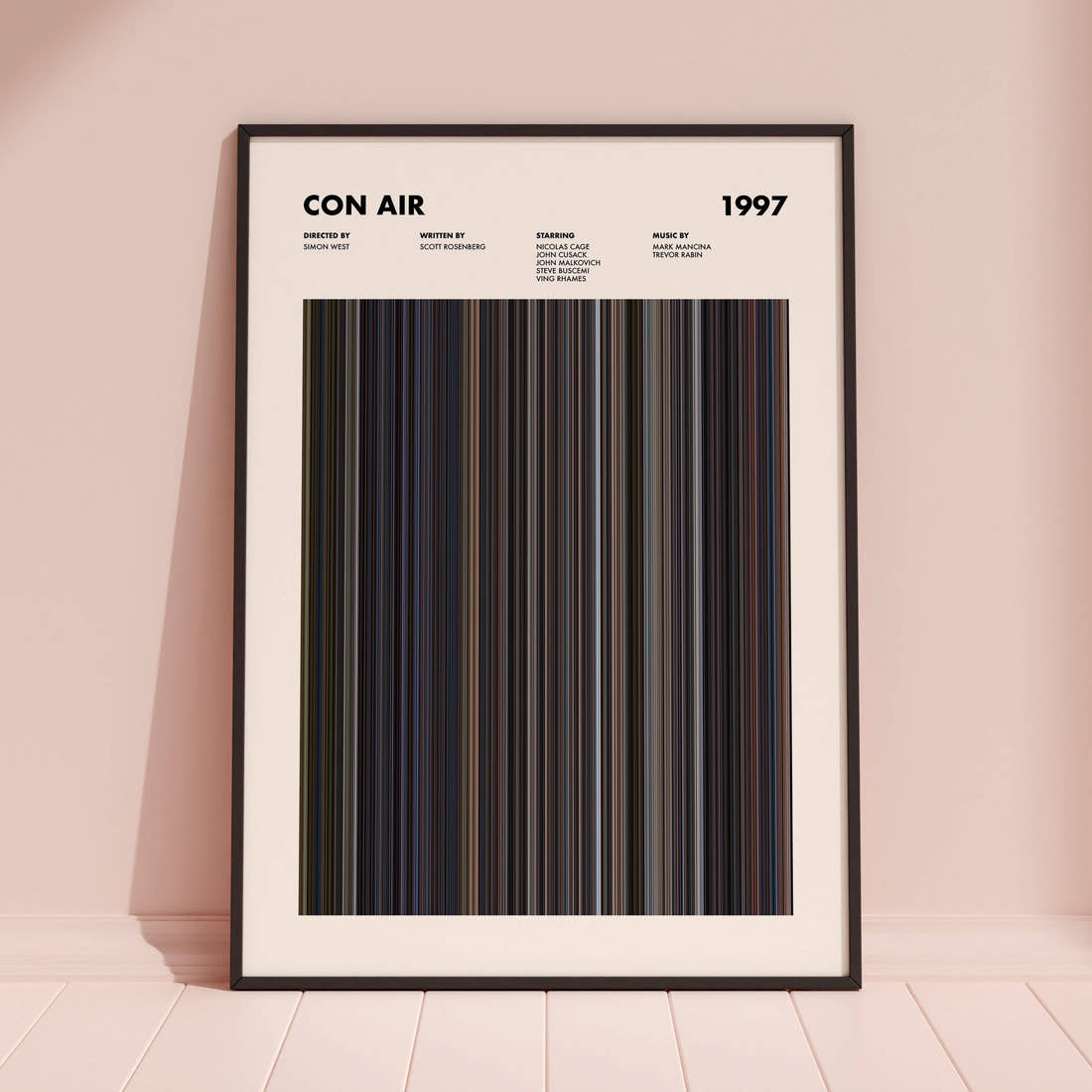 Con Air Movie Barcode Poster framed and leaning against a coloured wall