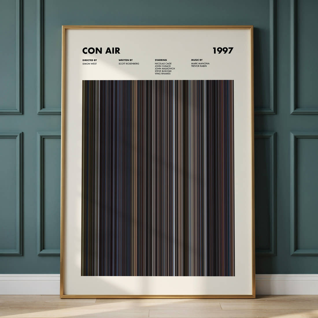 Con Air Movie Barcode Poster framed and leaning against a panelled wall