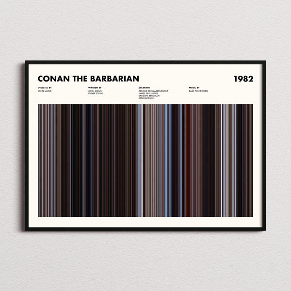 Conan the Barbarian Movie Barcode Poster framed and photographed straight on