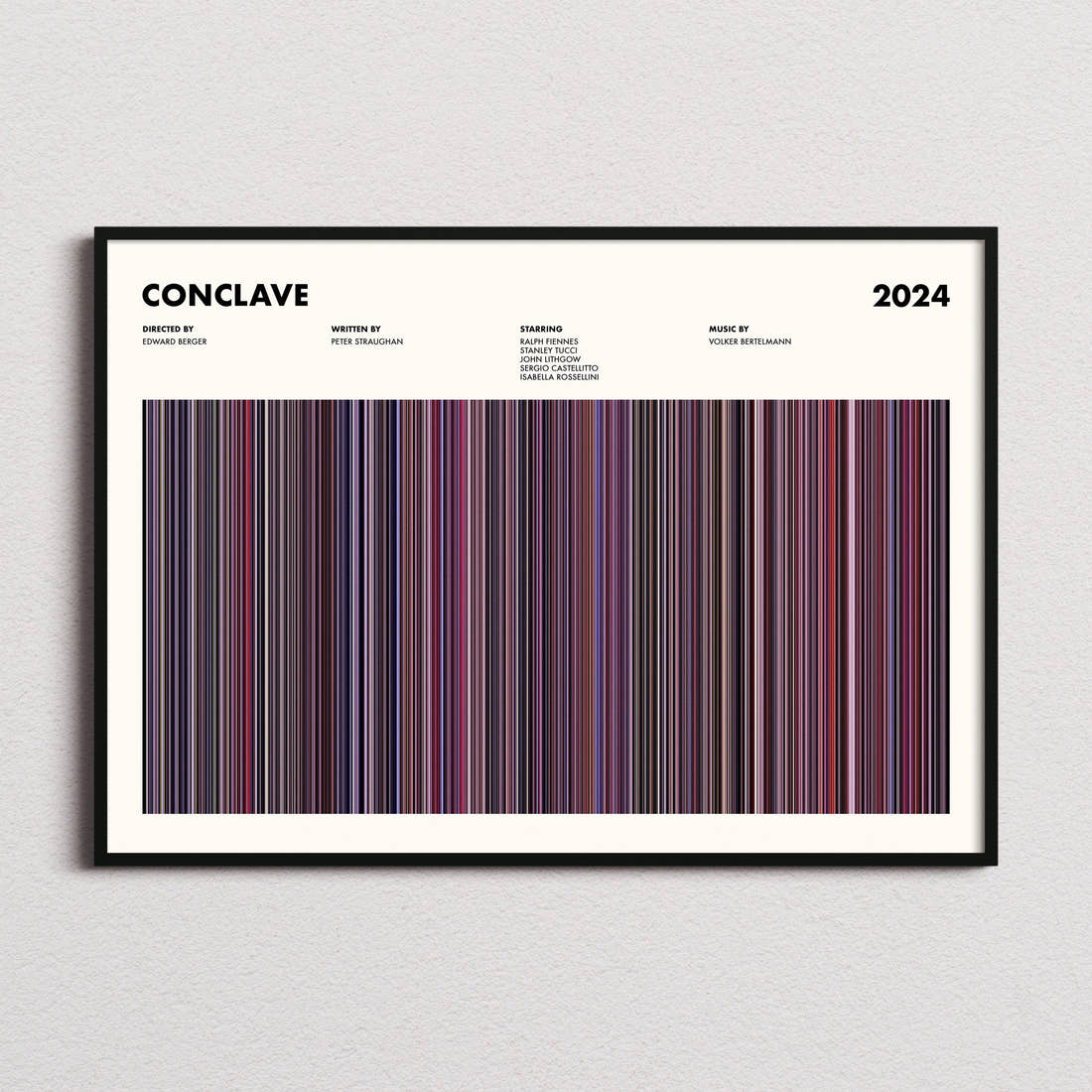 Conclave Movie Barcode Poster framed and photographed straight on