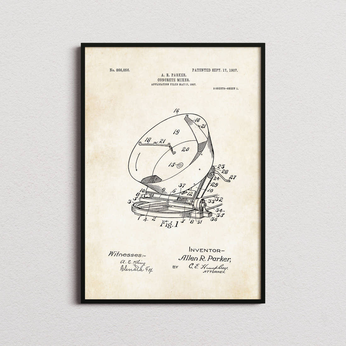 Concrete Mixer Patent Print in the aged paper colourway, framed