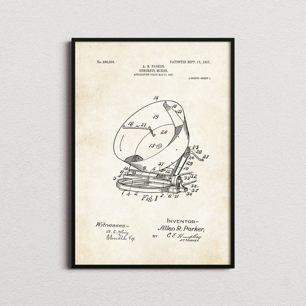 Concrete Mixer Patent Print in the aged paper colourway, framed