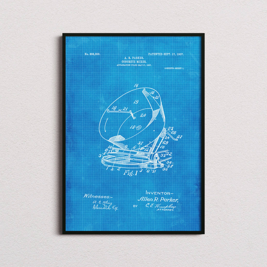 Concrete Mixer Patent Print in the blueprint colourway, framed