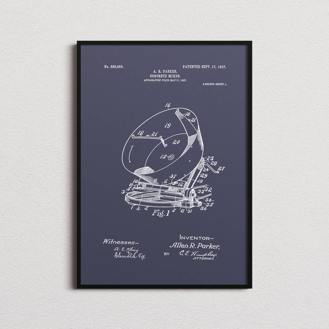 Concrete Mixer Patent Print in the navy colourway, framed