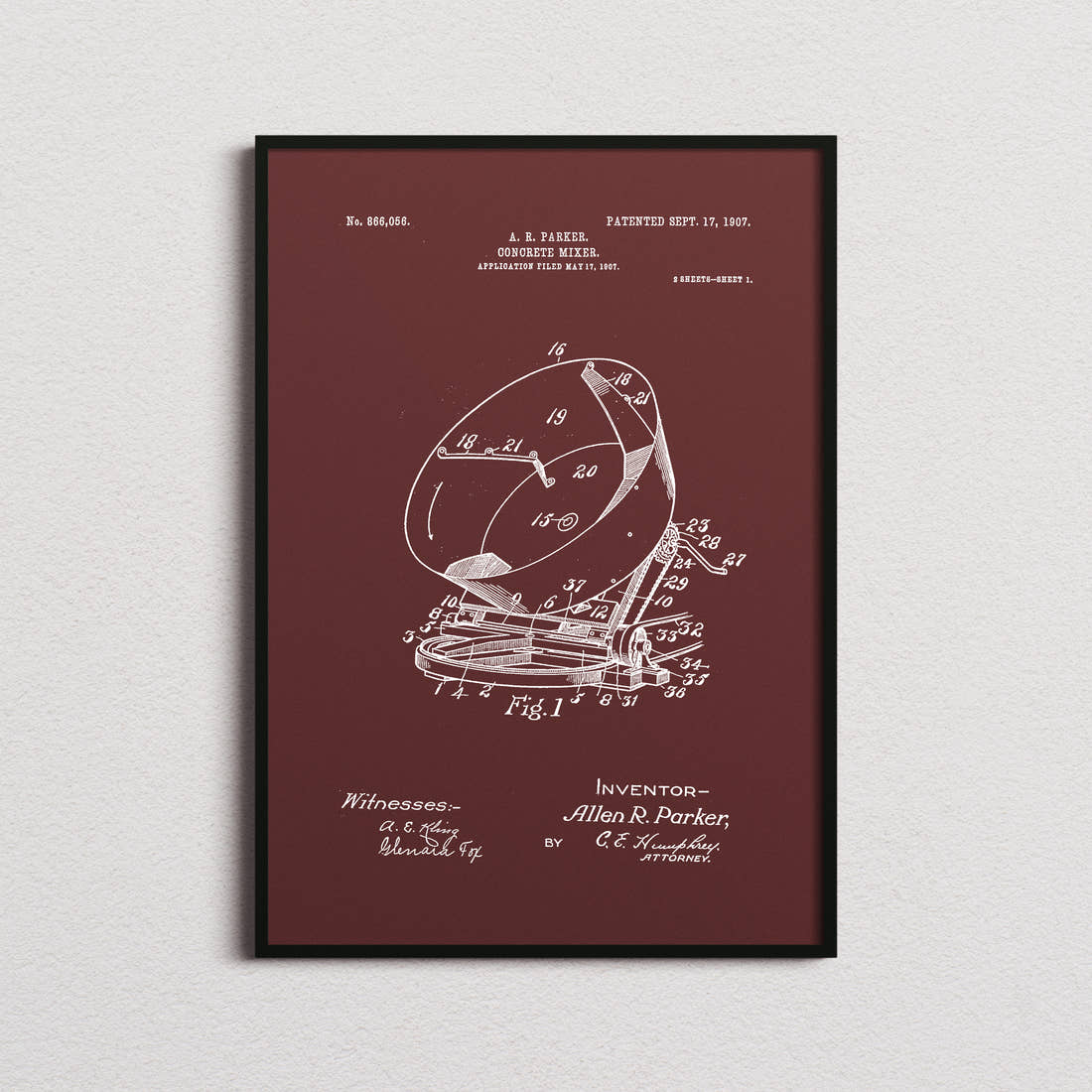 Concrete Mixer Patent Print in the burgundy colourway, framed