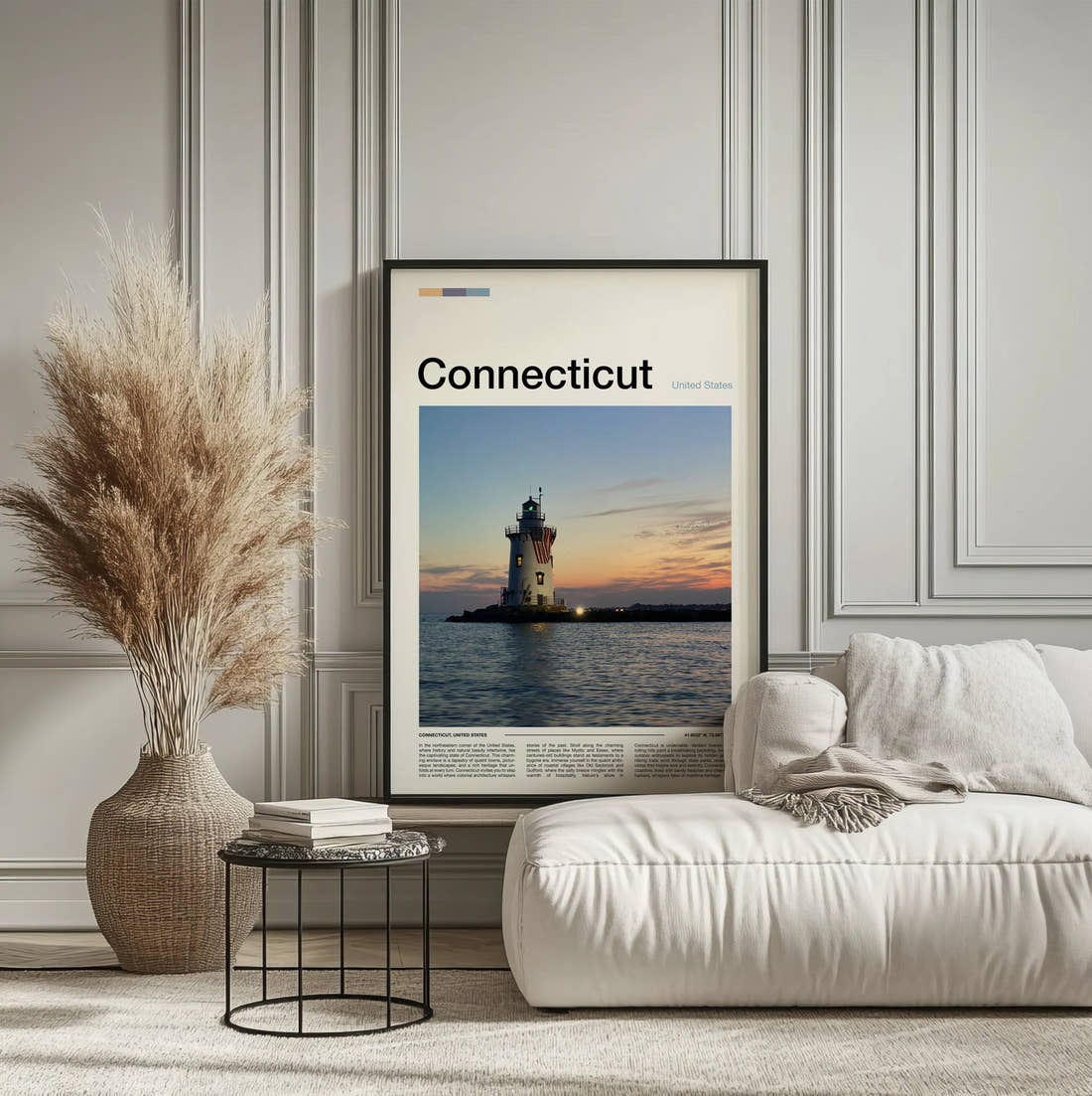 Connecticut Offshore Lighthouse Travel Print framed on the wall of a calm, neutral bedroom