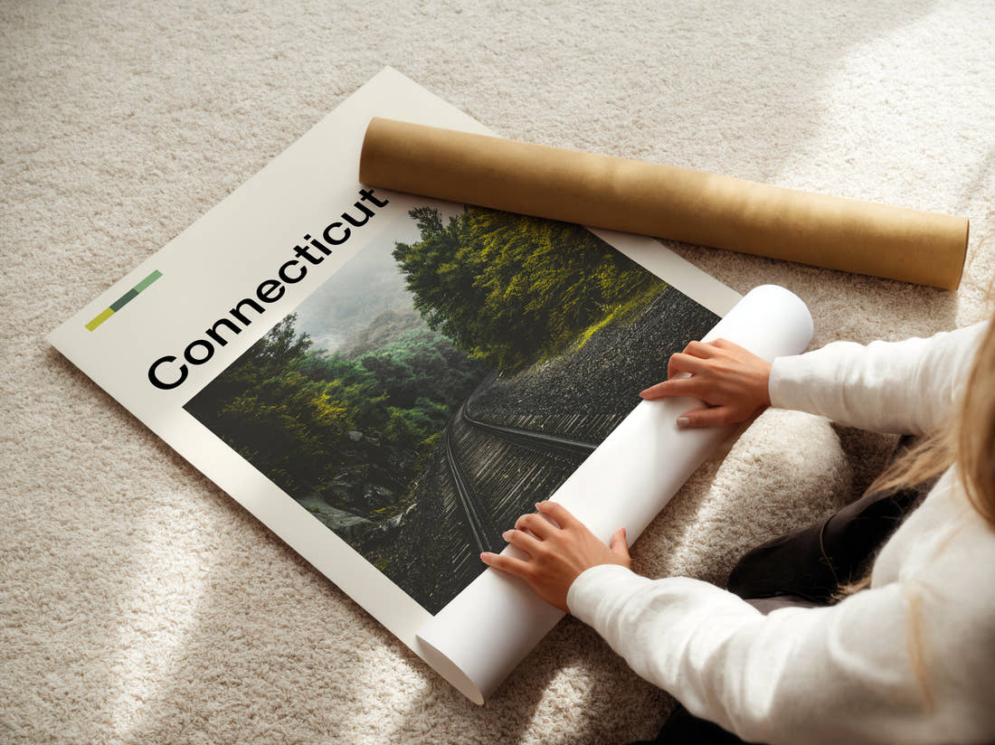 Connecticut Railway Track Travel Print being unrolled from its postal tube