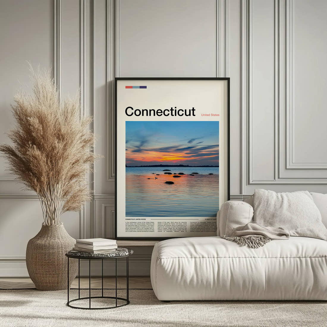 Connecticut Sunset Over The Water Travel Print framed on the wall of a calm, neutral bedroom